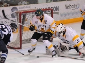 Declan Hobbs in action, backed by teammate Carter Doerksen, winning Game 4 of the Anavet Cup series in Nipawin on May 2