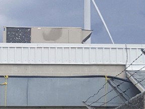 A Huron Wind Vestas V80 1.8MW turbine was damaged by high winds off Lake Huron north of Tiverton on May 4, 2018. A worker at a neighbouring facility captured the image of the tip of the turbine blade broken and dangling from the structure. (Shared photo)