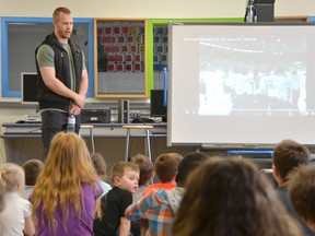 Jarrod Maidens speaks to students at Timothy Christian School on Friday, May 4, 2018 in Owen Sound, Ont. Maidens, who scored the winning goal in overtime of Game 7 to win the Ontario Hockey League championship for the Owen Sound Attack was back in Owen Sound on Friday, where he spoke to students before attending the Owen Sound Hockey Hall of Fame ceremony where the 2011 team was inducted. Rob Gowan/The Owen Sound Sun Times/Postmedia Network