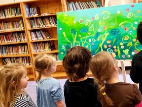 École Hepworth Central Public School Kindergarten students collaborated with others on a group painting at the school, April 18, for the school's 4th annual art show and auction.