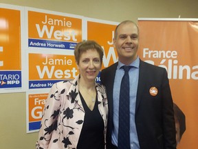 Keith Dempsey/For The Sudbury Star. 
Nickel Belt MPP France Gelinas and Sudbury NDP candidate Jamie West held a press conference at West's headquarters on Friday shortly after NDP leader Andrea Horwath released the NDP's northern platform.