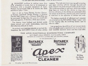 George Taylor Hardware in Timmins sold Apex products which included vacuum cleaners, washers and ironers – all to be pressed into service at spring cleaning time.

(Photo: Timmins Museum)