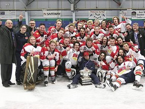 Happy members of the Wellington Dukes whoop it up after winning the 2018 Dudley-Hewitt Cup Central Canada Jr. A hockey championship Saturday night in Dryden. (OJHL Images)