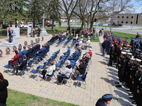 TIM MEEKS/THE INTELLIGENCER
The weather was perfect for Sunday's commemorative service for VE Day, the Battle of the Atlantic and the Battle of Vimy Ridge at the Belleville Cenotaph. Wreaths were laid by the federal government, provincial government, City of Belleville, 8 Wing AMS CFB Trenton, Belleville Veterans' Council Members, Canadian Army Veterans Motorcycle Unit, Afghanistan, 418 Wing Royal Canadian Air Force Association, Hastings & Prince Edward Regimental Association, Royal Canadian Legion Branch 99 and ANAVETS Duke of Edinburgh UNit 201.