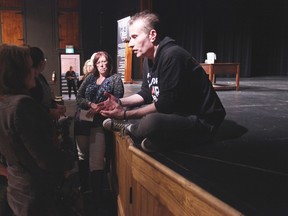 People who attended the talk from TSN’s Michael Lansberg in Blyth waited patiently to talk to him after about mental health issues. The famous Canadian used his comedic presence to shed light on mental illness. Some people lined up just for a hug, many others talked to him about personal situations.  The Tanner Steffler Foundation organized the event that spanned throughout Huron County at three different locations. (Shaun Gregory/Huron Expositor)
