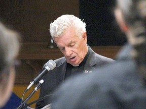 Chaplain Capt. Roger Goode delivers the opening address, Sunday, at the Battle of the Atlantic parade at Legion Branch 23 in North Bay.
PJ Wilson/The Nugget