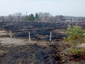 About 17 hectares were scorched by a grass fire Tuesday on Highway 17 between Highway 531 and Rutherglen. Several outbuildings on the parcel of privately-owned land also were lost.
Supplied Photo