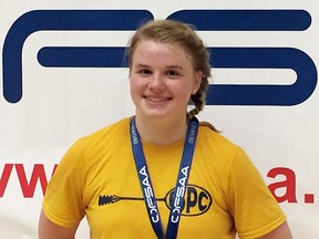 Rachel Benn of the Pain Court Patriotes won an antique bronze medal in the 'B' flight for girls' singles at the OFSAA badminton championship in Windsor, Ont., on Saturday, May 5, 2018. (Contributed Photo)