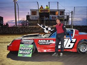 Steve Shaw celebrates his victory in the Thunderstocks feature at South Buxton Raceway in South Buxton, Ont., on Saturday, May 5, 2018. (Photo courtesy of South Buxton Raceway)