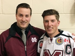 Forward Dane Johnstone, right, poses with new head coach Kyle Makaric after being named the Chatham Maroons' captain for the 2018-19 season in Chatham, Ont., on Sunday, May 6, 2018. (Contributed Photo)