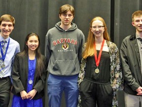 Matthew McParland, left, Stephanie Wu, Jacob Galema, Hanna Schaefer and David Moore are winners of the 56th annual North Bay Regional Science Fair. Supplied Photo