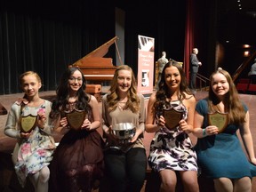 From left, outstanding strings performer Avenlea Cooper, outstanding instrumentalist Katie Kirkpatrick, Rose Bowl winner Magalie Durepos-Létourneau, outstanding pianist Julia Kim and outstanding vocalist Briana Sutherland.