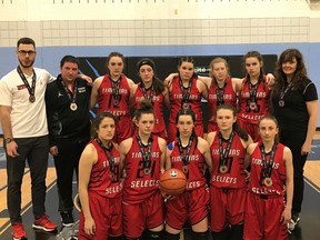 Timmins U16 Selects fell short of capturing the provincial title, but are proud of their silver medal from the April 27-29 tournament in Ottawa. From left in back are York University athletic therapist Brian Richard, head coach Jamie Lamothe, Abby Couture, Amélie Bouchard, Mackenzie Benoit, Alana Percival, Stephanie Marin and assistant coach Josée Bélanger. In front from left are Hailey Pizalle, Jadyn Weltz, Ally Burke, Kaitlyn Simard and Macy Turcotte.