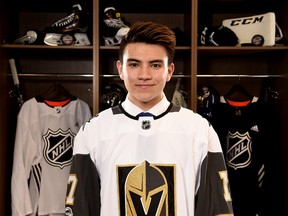 Nick Suzuki poses for a portrait after being selected 13th overall by the Vegas Golden Knights during the 2017 NHL Draft at the United Center on June 23, 2017 in Chicago, Illinois. Suzuki was recalled by the Golden Knights on May 5 to join the big-league club for practices during the remainder of the postseason.  (Photo by Stacy Revere/Getty Images)