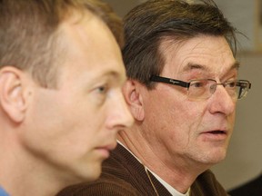 John Lappa/Postmedia File Photo
Sexual abuse victim Denis Beland, right, makes a point as lawyer Rob Talach looks on during a press conference in Sudbury in 2012.