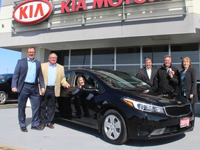 Lally Kia is donating this 2018 Kia Forte as the grand prize for those participating in the upcoming Over the Edge fundraiser to support the building campaign to construct a new Children's Treatment Centre of Chatham-Kent. The event is being organized by the Children's Treatment Centre Foundation of Chatham-Kent. Pictured from left are: Darrin Canniff, board member, Mike Genge, foundation executive director, Shelby Sanchuk, fundraising manager, Greg Davenport, board member, Mike Weber, general manager of Lally Kia, and Donna Litwin-Makey, treatment centre executive director. Photo taken in Chatham, Ont. on Monday May 7, 2018. Ellwood Shreve/Chatham Daily News/Postmedia Network