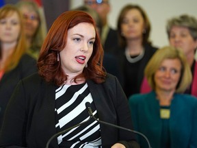 Carlynn McAneeley, a survivor of sexual violence, speaks at the Alberta Legislature on Tuesday May 1, 2018 where Alberta Premier Rachel Notley proclaimed the month of May as Sexual Violence Awareness Month with a commitment to change attitudes, raise awareness and promote a culture of consent.