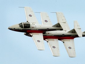 A trio of Snowbirds, the Canadian built CL-41 Tutor jet aircraft, perform. On May 3, 1978, Captain Gordon de Jong’s Tutor crashed at an airshow in Grande Prairie.