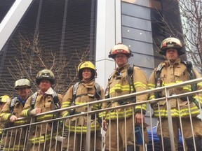 Five members of the Nanton Fire Department climbed more than 1,200 steps April 29 at Calgary’s Bow tower. They are, from left, Shawn Wiebe, Blake Gamble, Jamie Vang, Dan Mislenovich and Joshua Lee.