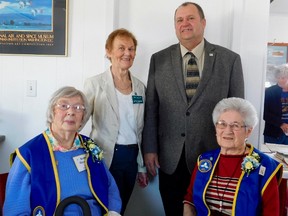 Marilyn Bruinsma, President of COPA 45 (back left) and Paul Gowing, Mayor of Morris-Turnberry (back right) presented Betty Simpson (front left) and Mildred Kernohan with their 50 years of service pins. (Kathleen Smith/Goderich Signal Star)