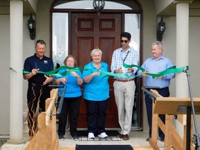 Hundreds came to support the Hike for Hospice and official ribbon cutting to recognize the opening of the Huron Residential Hospice this past Sunday. (L-R): Warden Jim Ginn, Shirley Dinsmore, Executive Director of Huron Hospice Volunteer Service, Sheila Feeney, Huron Hospice Board Member, Dr. Paul Gill, and Rick Firth, President and CEO of Hospice Palliative Care Ontario. (Kathleen Smith/Goderich Signal Star)