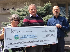 Wayne and Sylvia Barnard are with Paul Mayrand (right) of the Chatham Kent Community Foundation. The Barnards have donated almost $24,000 to the Foundation to help fund educational, cultural or therapeutic services for youth. Handout/Postmedia Network