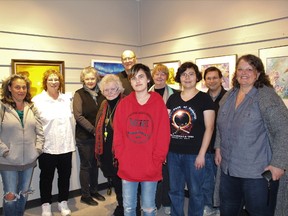 With Gunhild Hotte are members of the Timmins  Porcupine Art Club and club friends Maggie Jasaitis (left to right), Ellen Catherwood, Susan O’Riordan, Gunhild Hotte, Ted O’Conner, Willow Jasaitis, Catherine Cribbs, Karina Miki Douglas, Takayesu Mitz, Takayesau, and Johanne Cloutier.