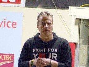 Mental health advocate and TSN radio man Michael Landsberg stands on the stage at the South Huron Rec Centre to talk to Huron Perth students and shed light on mental health. This was one of three events Landsberg attended in Huron County to speak about #SickNotWeak on May 3. (William Proulx/Exeter Lakeshore Times-Advance)