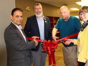 The new home of the Chatham-Kent Health Alliance Outpatient Mental Health and Addictions Services was held on Monday, May 7, 2018 in Chatham, Ont. Pictured from left are Dr. Rizwan Rafiq, CKHA chief of psychiatry and medical director of mental health services, Alan Stevenson, CEO of the Canadian Mental Health Association Lambton Kent, Mariusz (last name withheld), CKHA patient advisor, and Lori Marshall, CEO and president of the CKHA. Ellwood Shreve/Chatham Daily News/Postmedia Network