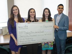 Medical students Meghan Piccinin, Rachelle Lassaline, Jasmine Davies and Mihir Soparkar were the inaugural recipients of the Norma and Don Moore Scholarship, a scholarship administered through the Sarnia Community Foundation and given to medical students in the hopes of attracting them to practice to Lambton County. 
CARL HNATYSHYN/SARNIA THIS WEEK