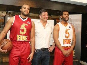 Alexander Henry and Myles Tyrell along with team owner Dario Zulich show off The FIVE jersey's at a press conference in Sudbury, Ont. on Tuesday May 8, 2018. Sudbury Wolves Sports & Entertainment announced the name of the first National Basketball League of Canada (NBL Canada) franchise for the Northern Ontario market. The Sudbury FIVE Basketball team, known locally as The FIVE, will begin play in the Sudbury Community Arena, competing in the 8th NBL Canada season, beginning in November 2018Gino Donato/Sudbury Star/Postmedia Network