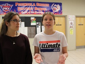 Julia Rey Rodriguez (left), a Grade 11 student and Samantha Casemore, a Grade 12 student, both at Peninsula Shores District School, have invited local candidates running in the upcoming provincial election to an all-candidates debate at their school in Wiarton on May 11. Photo by Zoe Kessler/Wiarton Echo