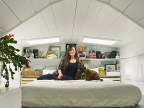 Carole Lyne Robin designed and built her tiny home, where she’s lived in Iroquois Falls since November. She downsized from a 3,300 square foot house to her house on wheels, which is only 236 square feet.