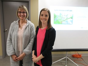 Joan Black and Mary Southall, public health nurses with Kingston, Frontenac and Lennox and Addington Public Health, made a presentation about tick awareness and Lyme disease prevention at a public talk on Saturday. (Meghan Balogh/The Whig-Standard)