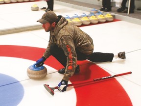 Justin Canuel, from Claresholm, curls April 13 in a bonspiel held in Carmangay’s curling rink. This was the first bonspiel in the new building. Jasmine O’Halloran Vulcan Advocate