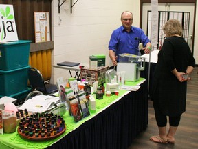 Darrell Walmsley was one of several vendors at the Health and Wellness Fair held in the banquet room at Dunvegan Inn and Suites May 5. He was in the midst of a demonstration of a water purification system. He also offers supplement drinks and capsules, teas, essential oils, fitness supplements and other items. Vendors offered a wide range of items including dietary supplements, essential oils, and even sexy lingerie.