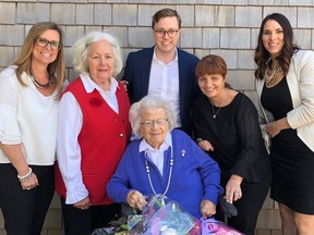 Lorraine Wilkinson, left, Maureen Lacroix, Lily Fielding, Jason Perdue, Tannys Laughren and Elizabeth Schweyer gathered at Fielding Memorial Park on Monday, May 7 to acknowledge and celebrate Lily Fielding's legacy of giving to the Northern Cancer Foundation. Supplied photo