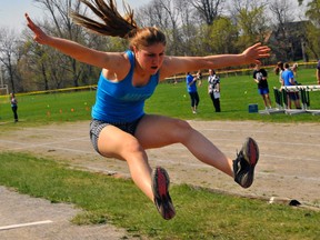 Hope Lesage takes part in the Simcoe Composite School Track and Field Meet on Wednesday. Lesage won the senior girls long jump event with a leap of 4.78m.
JACOB ROBINSON/Simcoe Reformer