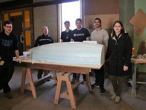 Vanastra’s Composite Creations will be the manufacturing home to a group of University of Waterloo students for the next several weeks as they construct a human-powered submarine for an upcoming competition at the International Submarine Races. The submarine design team is pictured at Composite Creations on April 26, with owner Andy Phillips, on day one of fabrication. (L-R): Will Klanac, Andy Phillips, Andre Ostrovsky, Gonzalo Graham, Inderjot Grewal, and Sasha Hall. (SHEILA PRITCHARD/CLINTON NEWS RECORD)