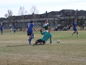 In high school boys' soccer, Springbank played good defense in a 2-1 win over Bert Church on May 3 at Monklands fields in Airdrie. Both teams are now 1-0-1 on the season.