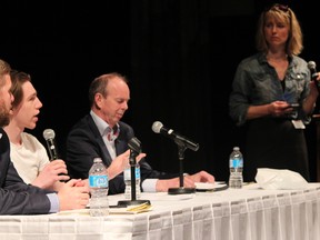 Panellists Daniel McMillan, Joshua Dobrowolski, Michael Kehler and moderator Sharon MacDonald during The Mask You Live In screening at the Cochrane RancheHouse in Cochrane on Wednesday, May 2.