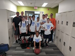 The Cochrane Eagles U13 team won the Vision Basketball Academy’s 110 team Kick Off tournament in Calgary against CYDC Elite in the finals by a score of 52-49. Here is the team photo: Kris Nielson (coach), Chace Nielson (assistant coach), Trystan Wiebe, Thomas Taylor, Sam Smilski, Gurshan Badesha, Will Jacques (bottom), Sahib Sanghera, Paula Cuesta, Evan Simms, Ethan Horb, Wade Horb (assistant coach).