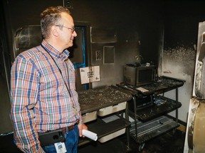 Luke Hendry/The Intelligencer
Joseph Mancuso, Quinte Health Care's support services director, stands in a fifth-floor kitchen of Belleville General Hospital Wednesday in Belleville. It was damaged in a Tuesday-night accidental fire which required the floor and two above it to be evacuated.