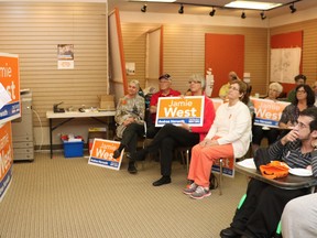 NDP candidate Jamie West addresses supporters at the grand opening of his Kingsway campaign office on Wednesday. The provincial election takes place on June 7. (Gino Donato/Sudbury Star)