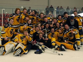 The Tavistock Braves celebrate winning the Provincial Junior Hockey League's Doherty Division championship in Ayr, Ont. on Sunday March 18, 2018 during Game 7 against the Ayr Centennials. The team held their year end awards banquet to celebrate the past season. Greg Colgan/Woodstock Sentinel-Review/Postmedia Network