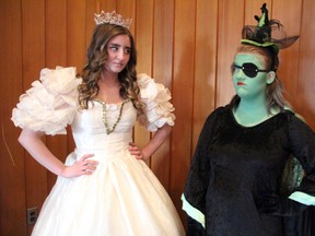 Beth Wagenaar (Glinda) and Janessa Lyle (Wicked Witch of the West) strike a backstage pose in character before Beaver Brae Secondary School's theatre students take to the stage for night one on Tuesday, May 8 at Trylight Theatre for the Wizard of Oz. Photos by SHERI LAMB/Daily Miner and News/Postmedia Network