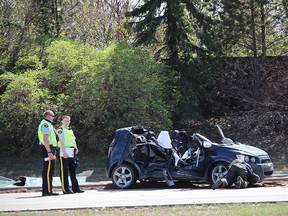 Police investigate a collision at Baseline Road and Broadview Drive on Monday, May 7, which resulted in three people transported to hospital with serious injuries, Strathcona County RCMP released. A car (pictured) was travelling west on Baseline when the driver attempted to pull a U-turn at the intersection, RCMP stated, and was T-boned by an oncoming minivan. Charges are pending.

Zach Mueller/News Staff