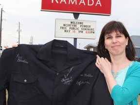 Janice Martell, the founder of the McIntyre Powder Project, holds up a pair of miners’ coveralls which she has been getting signed by retired miners who are now afflicted by health conditions stemming from their former occupation. “I’ll be bringing them down to Queen’s Park on June 1 for Injured Workers Day just to highlight that our government needs to look at this and to look at the compensation system which is abysmal for recognition of occupational disease,” said Martell, who was in Timmins Thursday to host a couple of free information sessions about efforts to get workersֹ’ compensation for miners potentially affected by the aluminum-based dust.