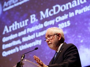 Queen’s University professor emeritus and Nobel Prize laureate Arthur McDonald speaks at the launch of the Arthur B. McDonald Canadian Astroparticle Physics Research Institute in Kingston on Thursday. (Elliot Ferguson/The Whig-Standard)