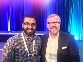 Former Fort city councillor Arjun Randhawa takes a quick photo with former Saskatchewan premier Brad Wall during the founding AGM for the United Conservative Party over the May 4 weekend in Red Deer.